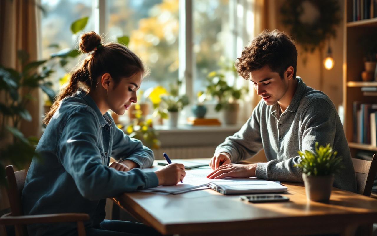 Un tuteur guide un lycéen dans des exercices, assis à une table en bois avec cahiers et ordinateur portable; le tuteur montre une feuille pendant que l'élève écrit, ambiance lumineuse et calme, tons bleus et verts